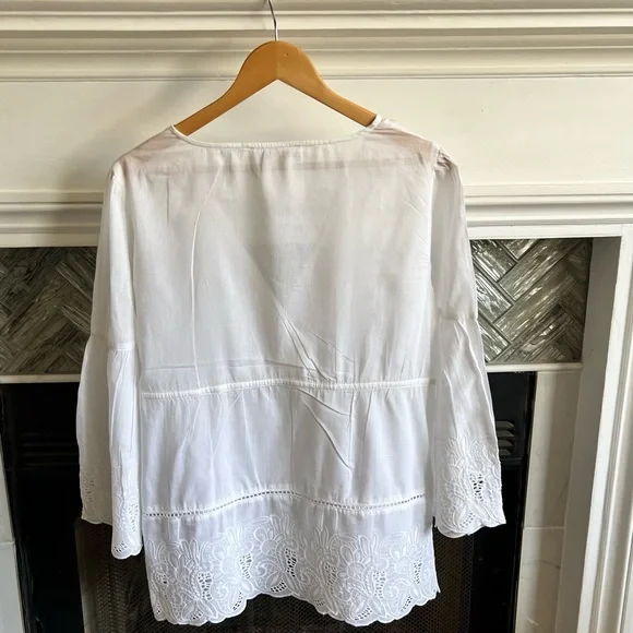 NWOT MICHAEL Michael Kors CRISP WHITE Embroidered LACE V-NECK Cotton BLOUSE L - Picture 9 of 17